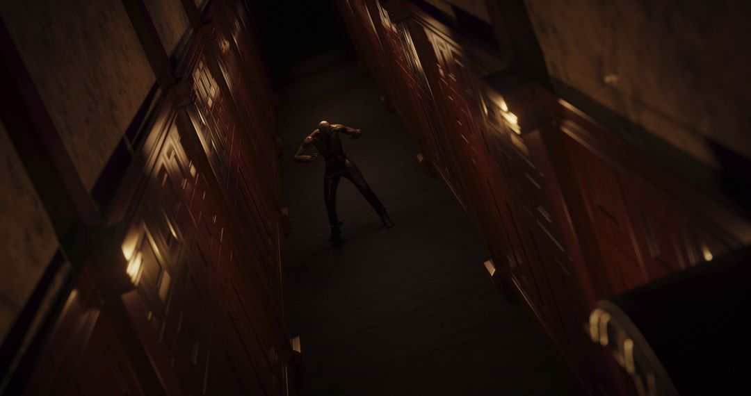 Shadowy Figure in Dark Corridor Creating Eerie Atmosphere