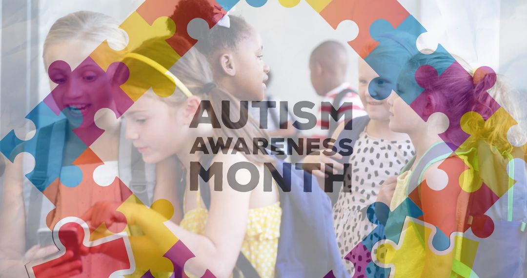 Autism Awareness Month with Diverse Schoolchildren Engaging with Technology