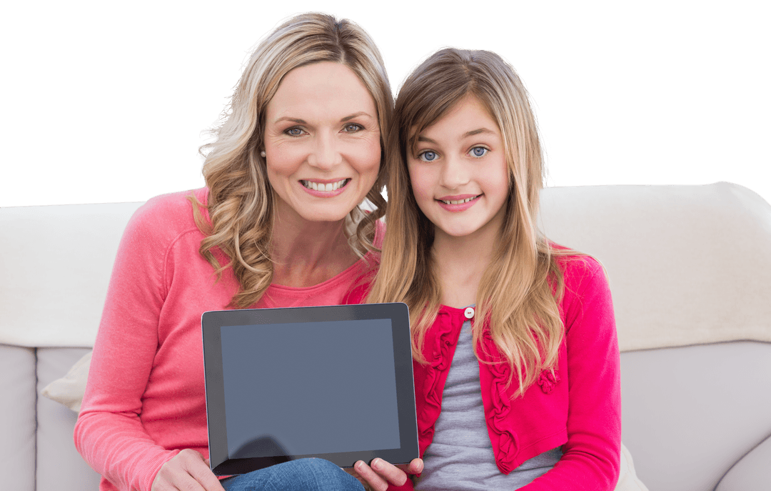 Smiling Mother and Daughter Enjoying Tablet on Transparent Background