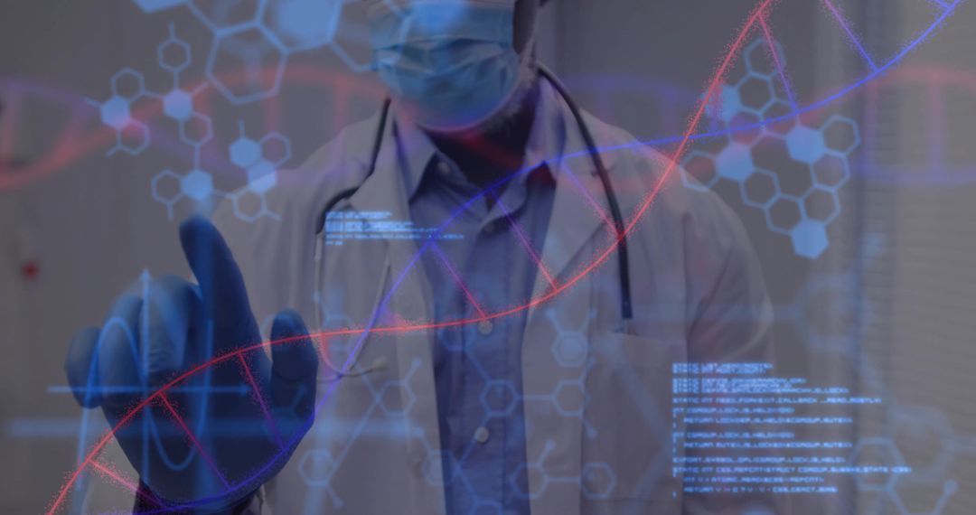 Doctor Interacting with Futuristic Touchscreen in Laboratory