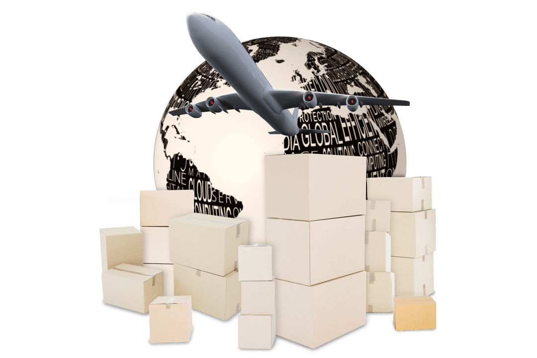 Transparent Global Shipping Concept with Airplane and Boxes