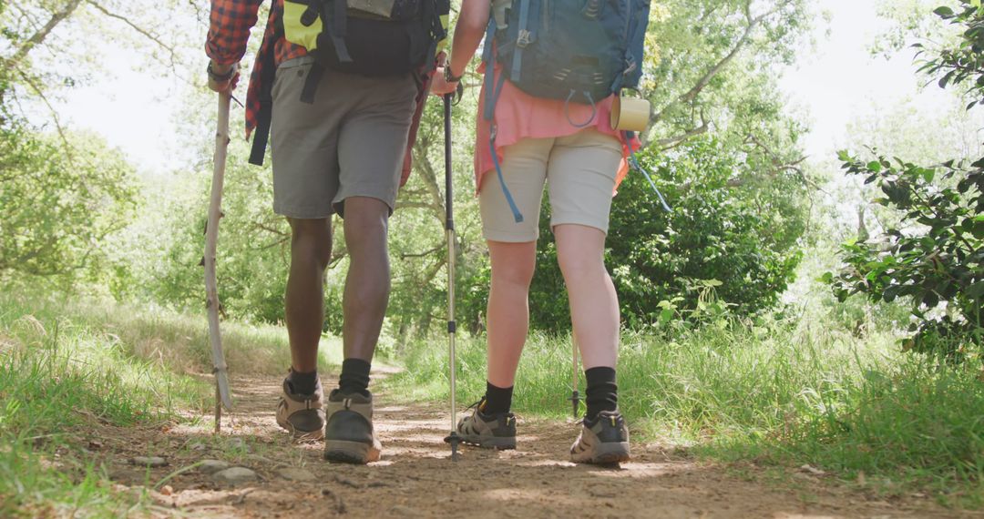 Diverse Couple Hiking in Nature with Backpacks