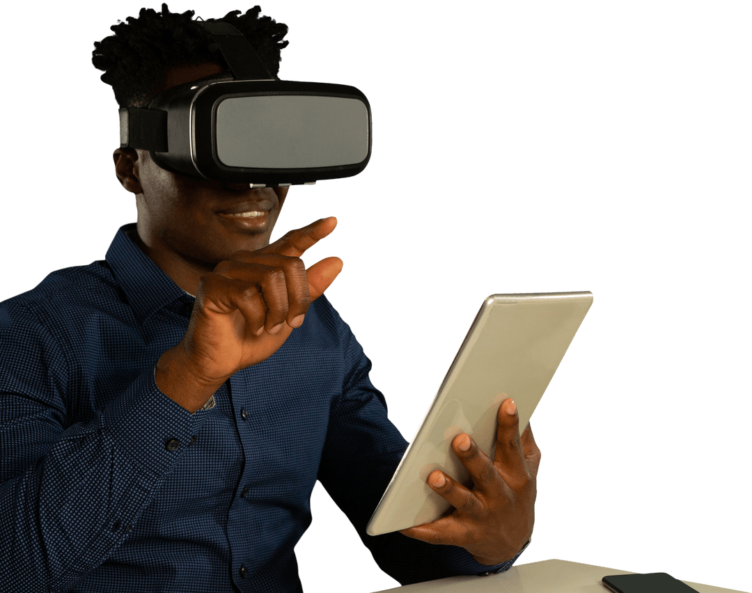 Man Engaging with Virtual Reality Device and Tablet Transparent Background