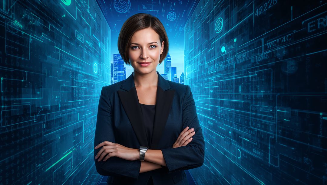 Confident Businesswoman Leading Digital Transformation in Futuristic Data and AI Hub