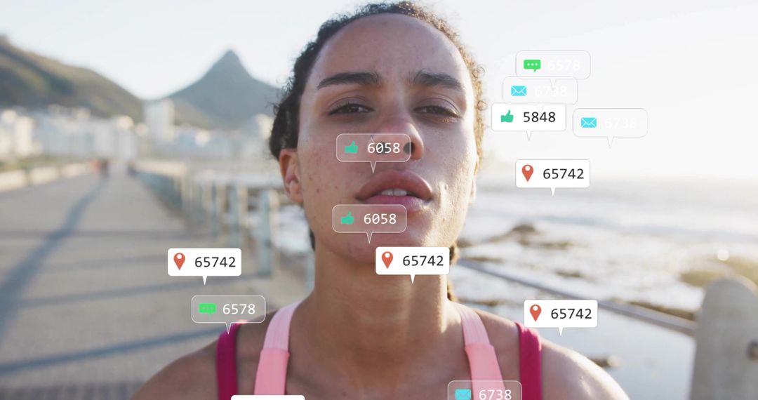 Female Runner with Social Media Icons on Seaside Promenade