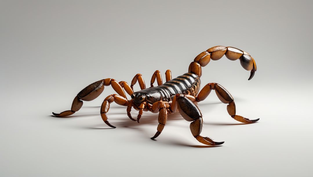 Scorpion Raising Tail on Grey Background, Dark Exoskeleton Detail
