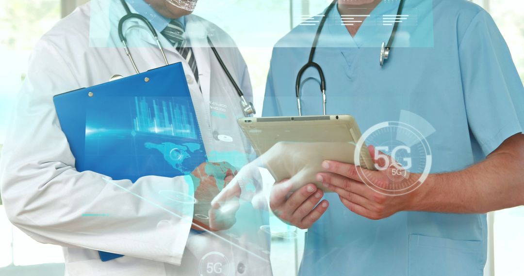 Doctors Analyzing Digital Data with 5G Technology Overlay
