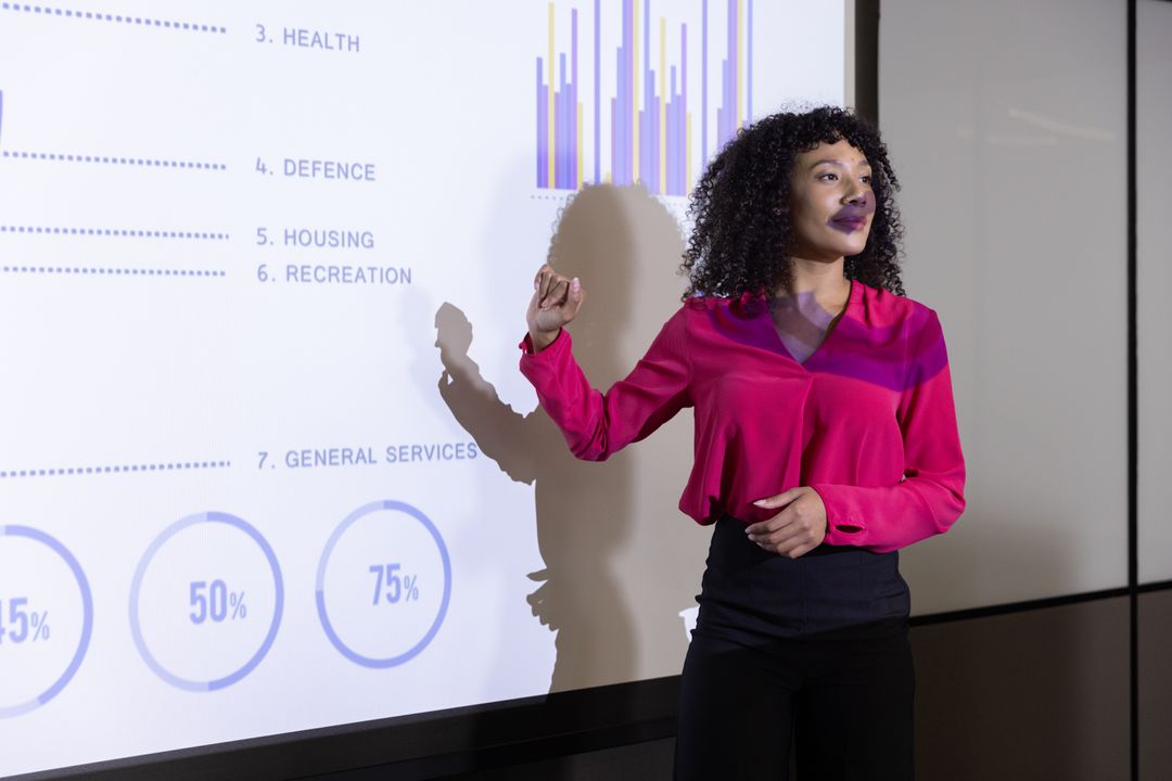 Professional Woman Presenting Data on Screen in Modern Business Space