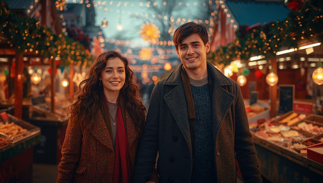 Couple Strolling in Festive Holiday Market at Dusk