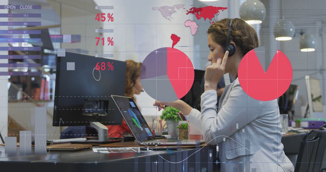 Businesswoman Analyzing Data in Modern Office with Graphs Displayed on Screen - Free Images, Stock Photos and Pictures on Pikwizard.com