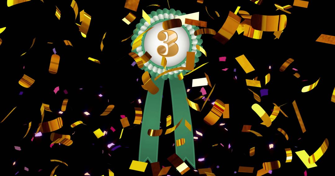 Third Place Rosette with Falling Gold Confetti on Black Background