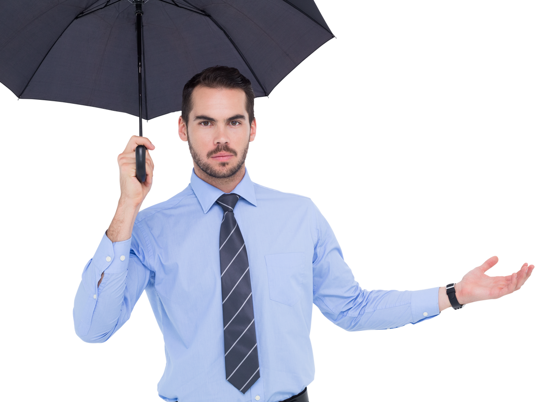 Serious businessman holding transparent umbrella while extending arm - Download Free Stock Images Pikwizard.com