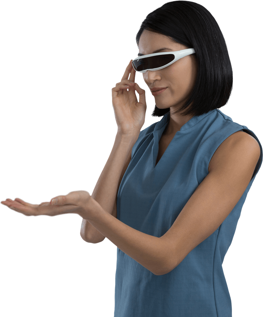 Woman Interacting with Hologram in Transparent AR Glasses