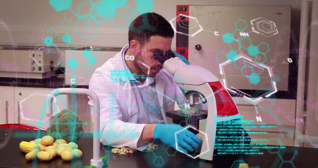 Scientist Examining Samples with Chemical Formula Overlay