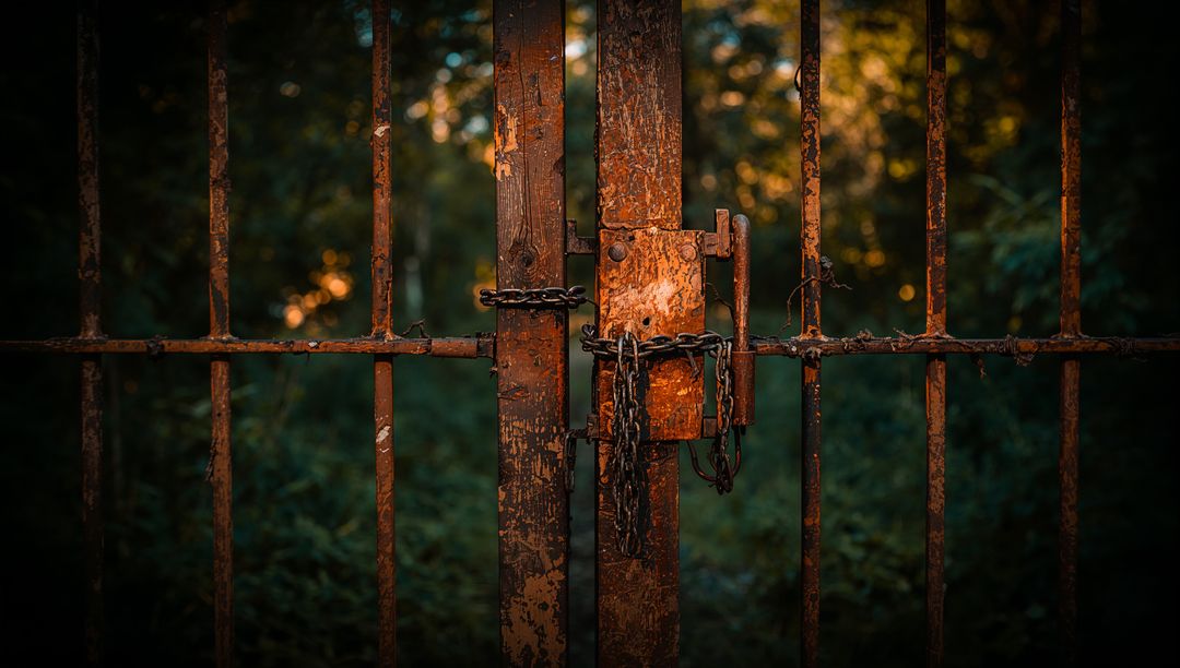 Rusty Iron Gate with Heavy Chain in Forest