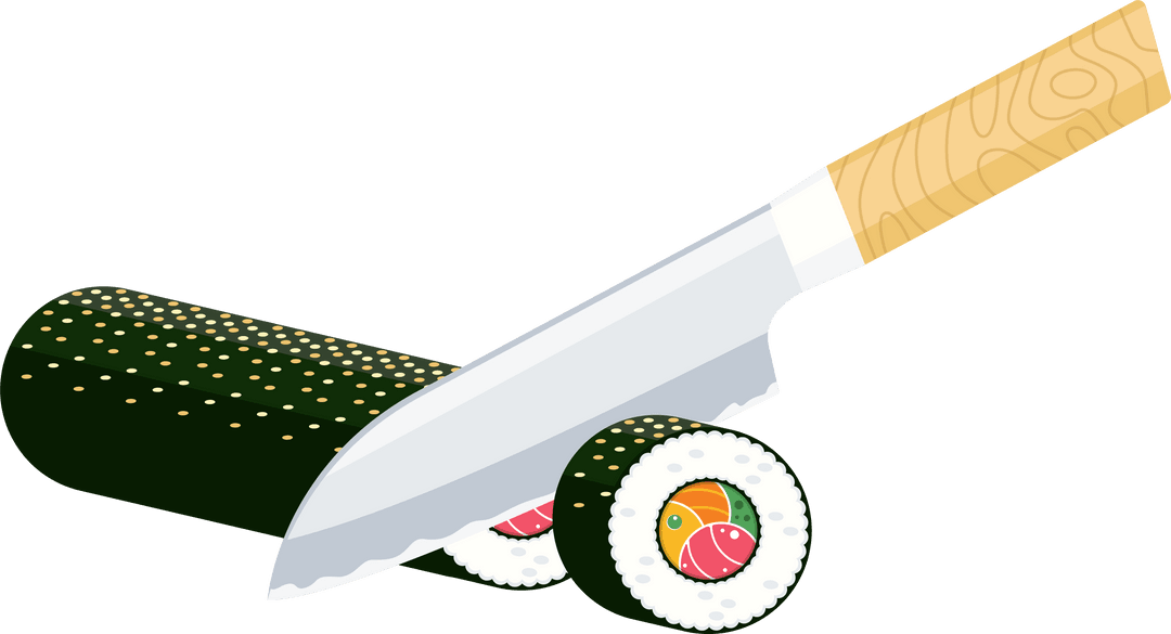 Transparent Japanese Knife Slicing Sushi Roll Illustration