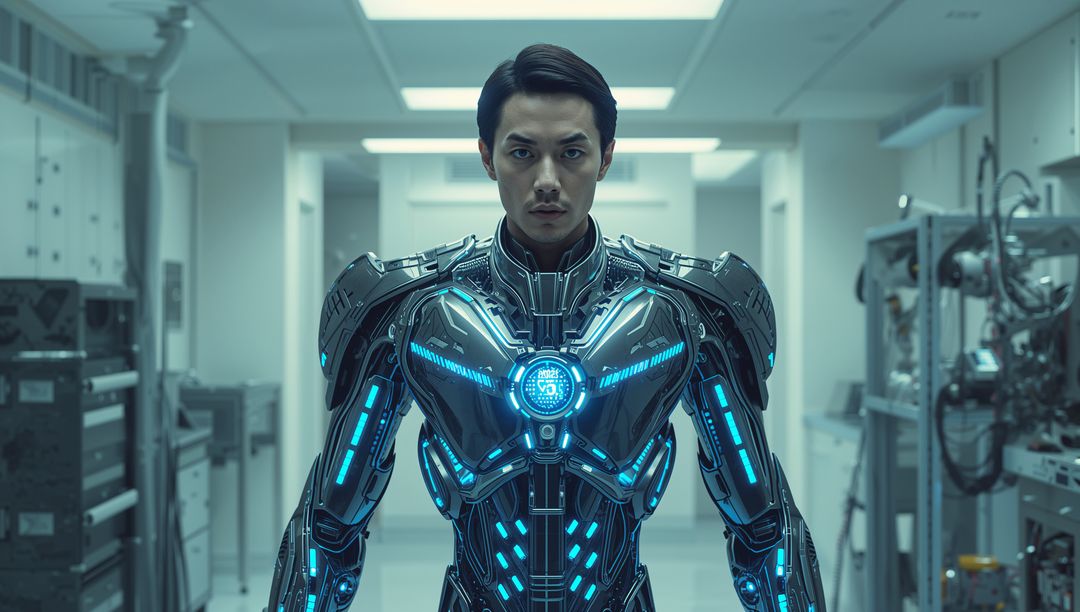 Asian man wearing powered exosuit with glowing cyan chest core standing in high-tech lab