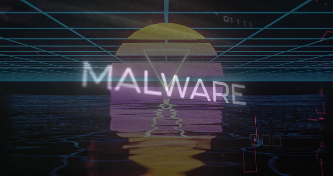 Futuristic Malware Warning with Neon Grid and Glowing Sun