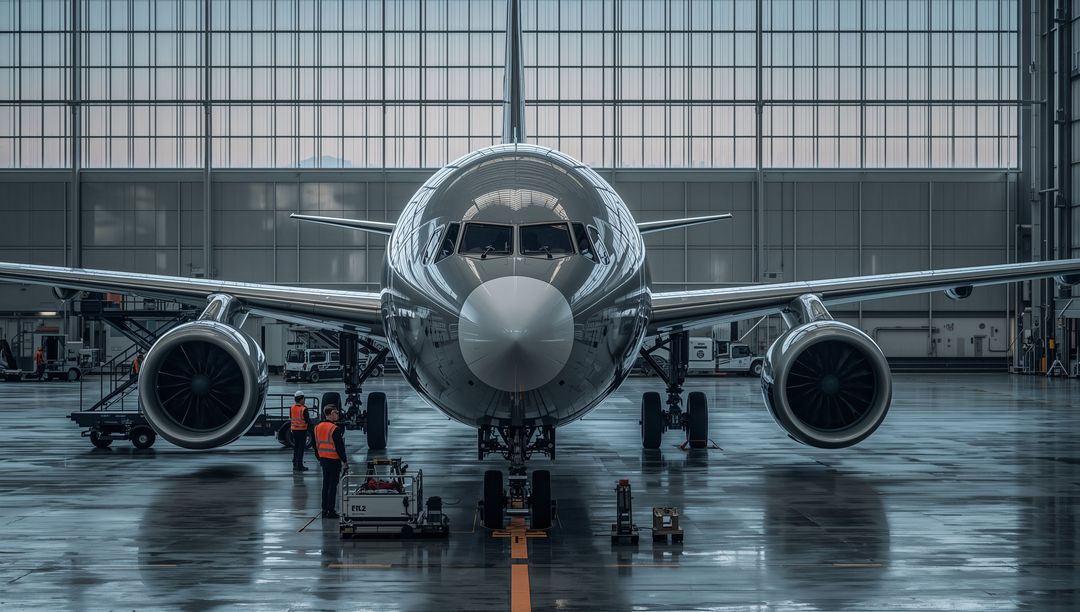 Front-Facing Widebody Twin-Engine Jet in Hangar Featuring Ground Crew Performing Maintenance