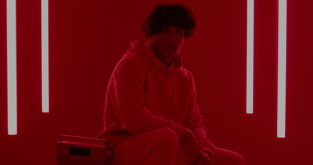 Person Wearing Hoodie in Red Studio with Neon Light Tubes
