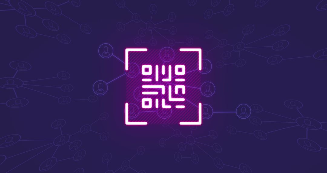 Neon QR Code with Network Concept on Violet Background