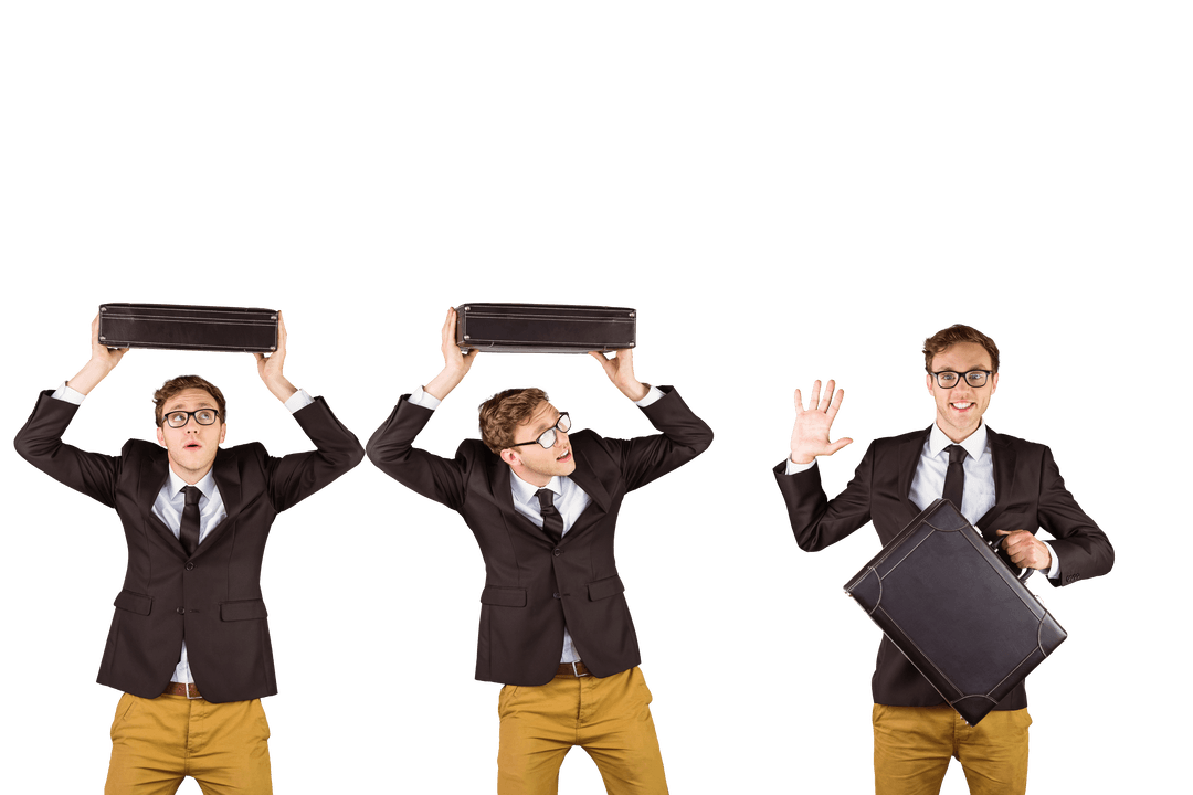 Caucasian Businessmen Showing Emotions with Briefcases Transparent Background