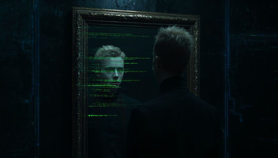 Contemplative man standing facing code-reflecting mirror in neon futurist scene