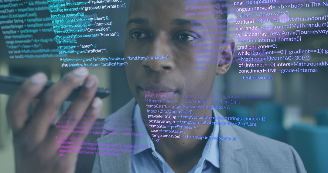 Businessman Using Voice Assistant with Coding Interface Overlay