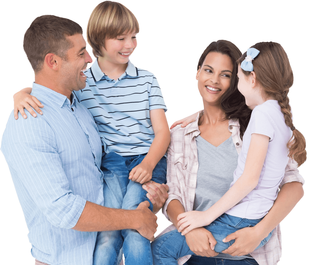 Smiling Parents Holding Children with Joyful Expressions on Transparent Background