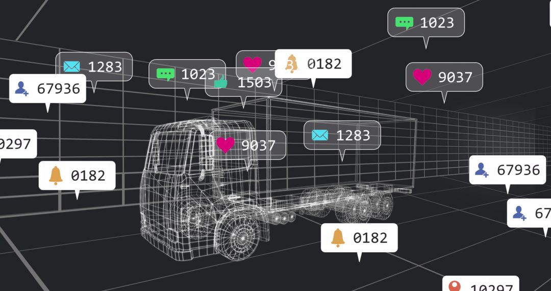 Wireframe Cargo Truck with Digital Notifications in Virtual Grid Space