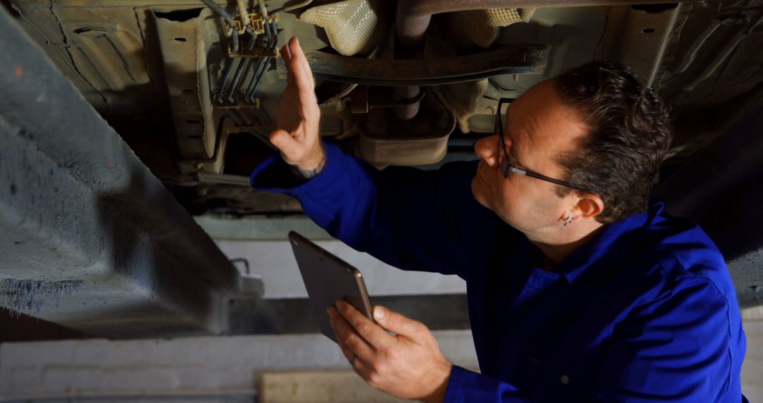 Mechanic Inspecting Car Undercarriage with Tablet - Free Images, Stock Photos and Pictures on Pikwizard.com