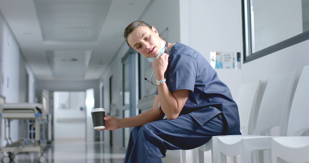 Exhausted Nurse Taking Break in Hospital Corridor