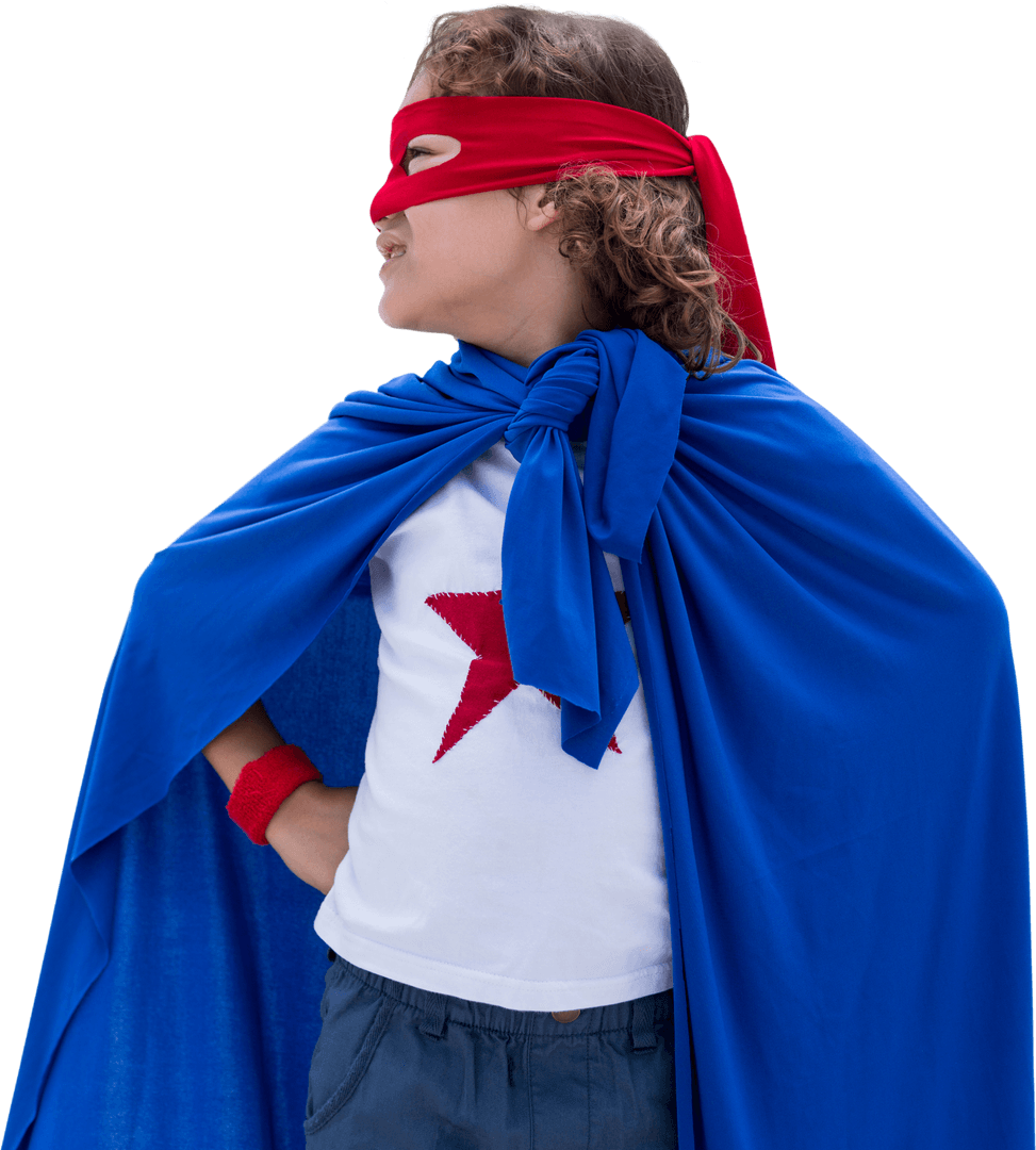 Confident Boy Wearing Colorful Superhero Costume with Transparent Background
