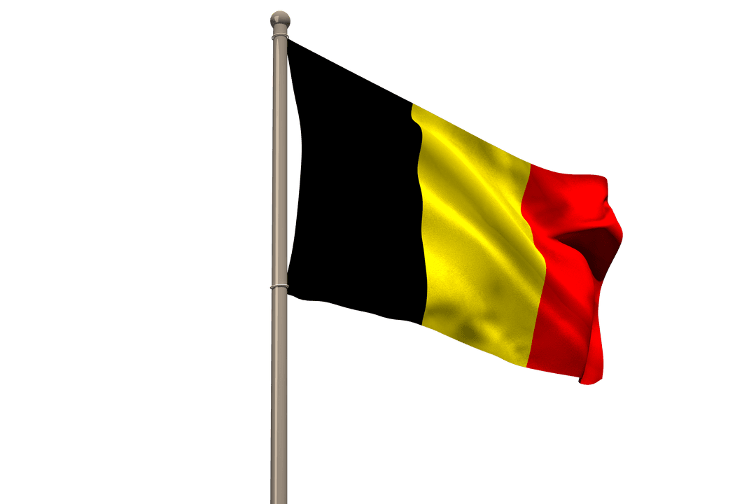 Transparent Belgium Flag Waving on Pole with Blue Sky Backdrop