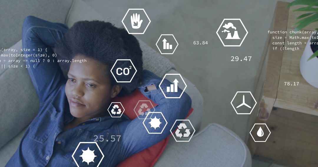 Woman Relaxing at Home with Ecology and Data Interface