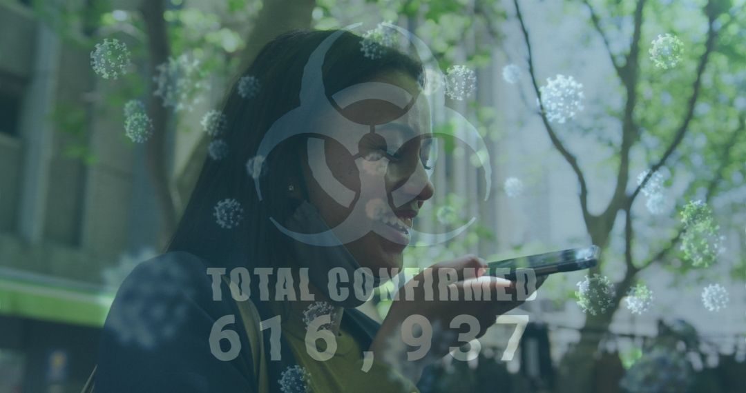 Woman Communicating During Pandemic with Biohazard Overlay