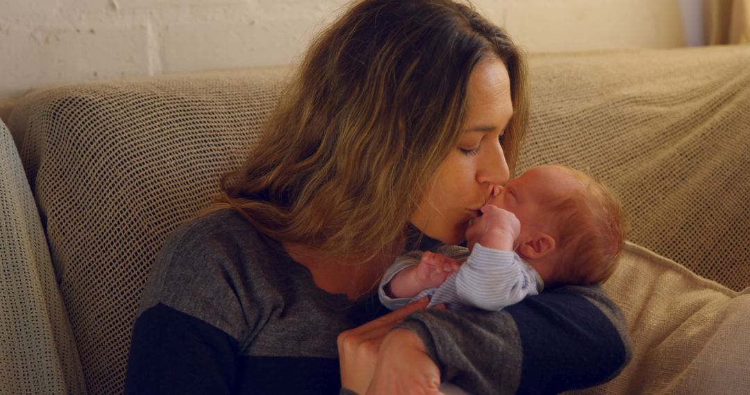 Mother Gently Kissing Newborn in Warm Home Scene