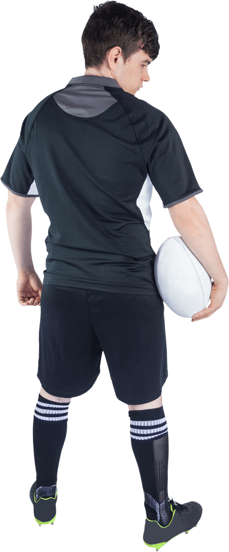 Transparent Background Male Rugby Player Holding Ball from Back View