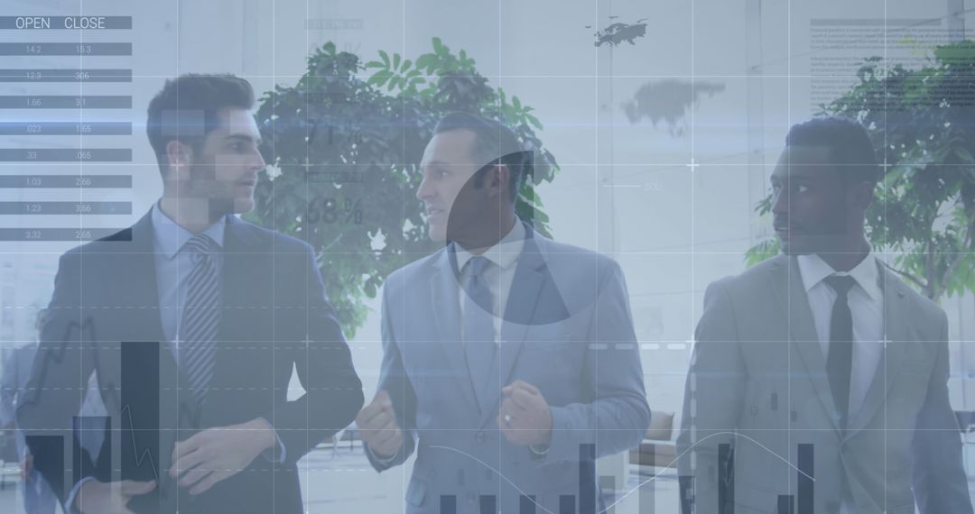 Multicultural Businessmen Discussing with Financial Digital Overlay