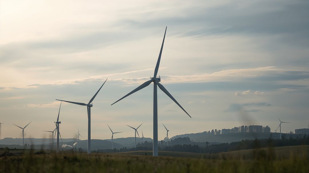 Main wind turbine turning over rolling rural panorama with distant turbines and soft light