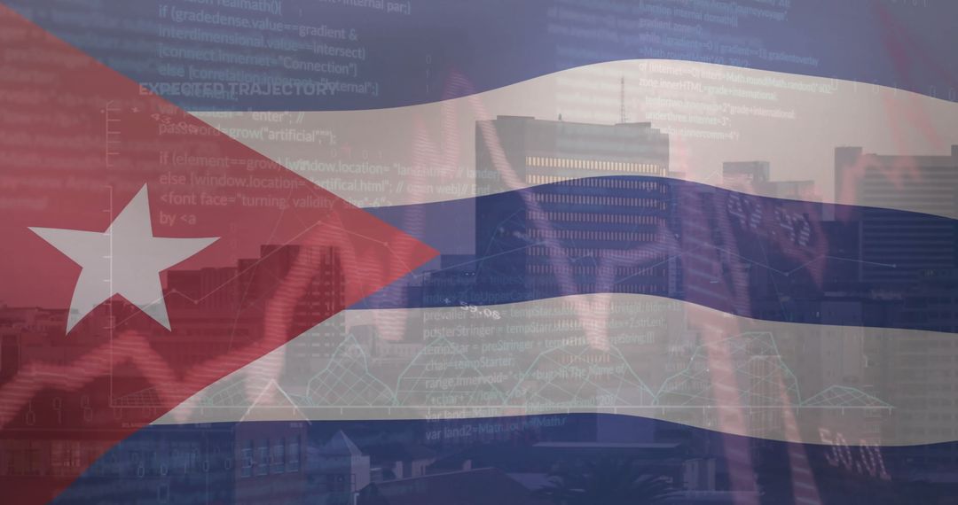 Cuban Flag Overlaid with Financial Data and Urban Skyline