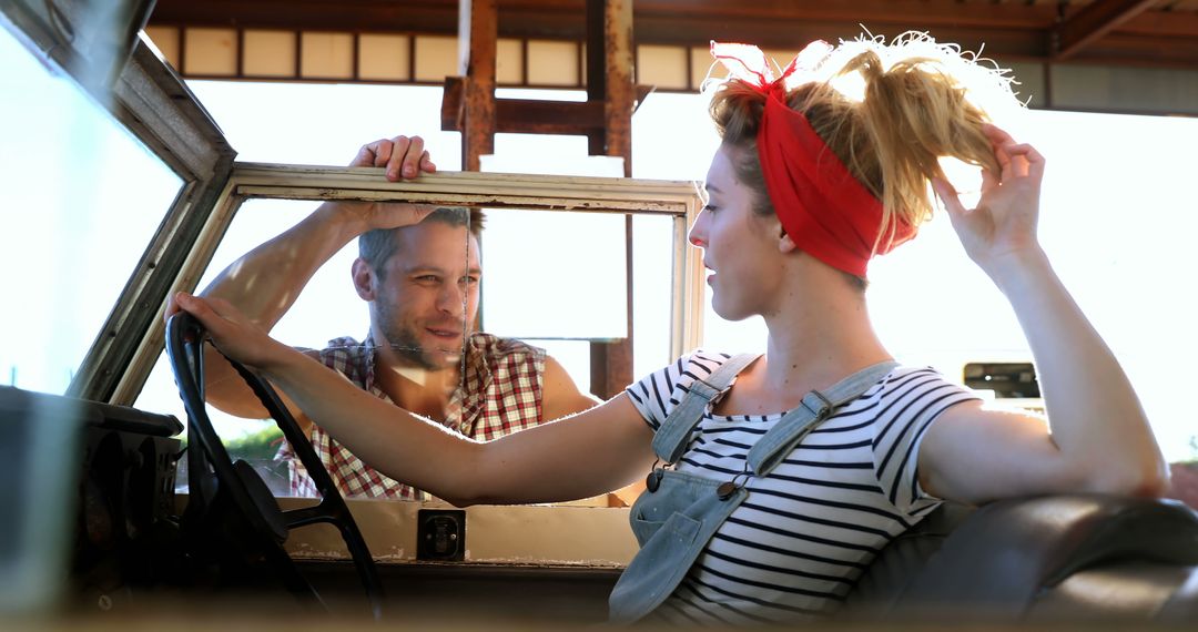 Young Couple in a Vintage Car at Gas Station - Free Images, Stock Photos and Pictures on Pikwizard.com