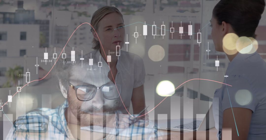 Business Meeting with Overlaid Financial Data and Charts