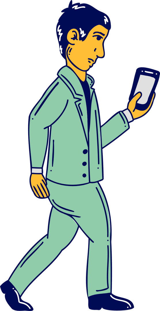 Illustration of Man in Mint Suit Walking with Smartphone on Transparent Background