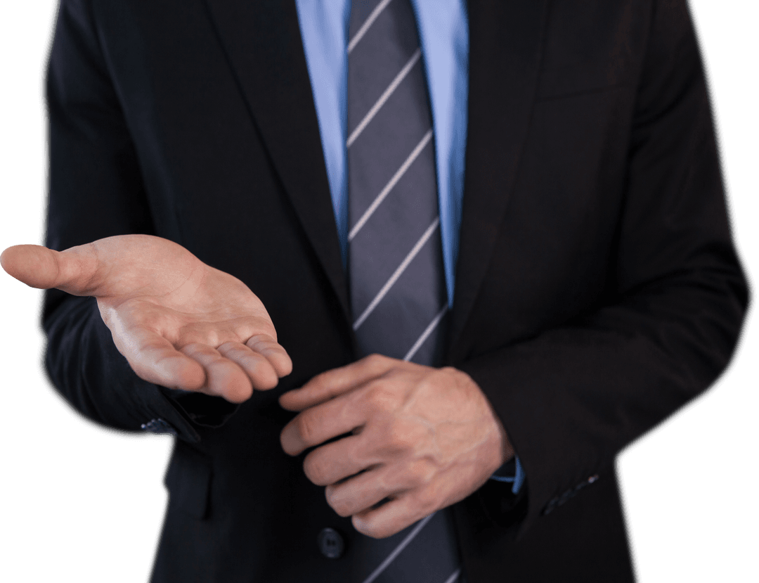 Businessman Presenting Product with Open Hand on Transparent Background