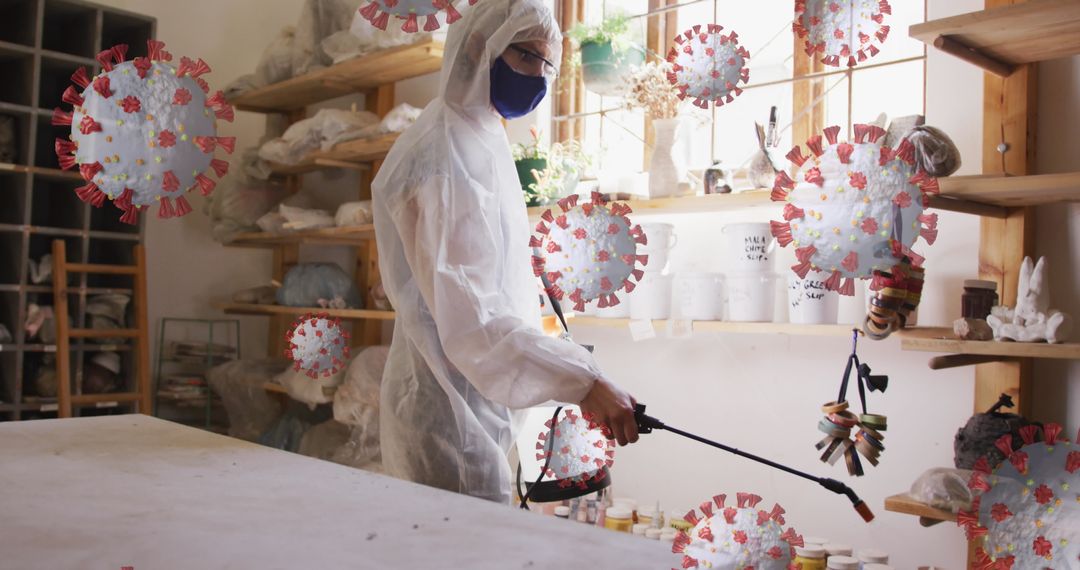 Man Disinfecting Workshop with Virus Particles Illustration
