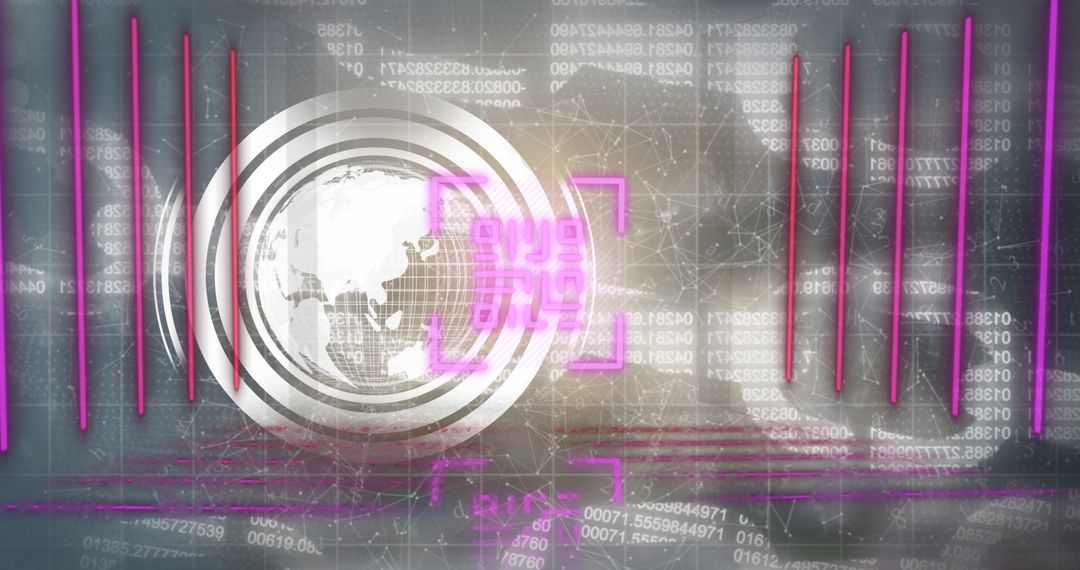 Neon QR Code Over Data and World Map Background