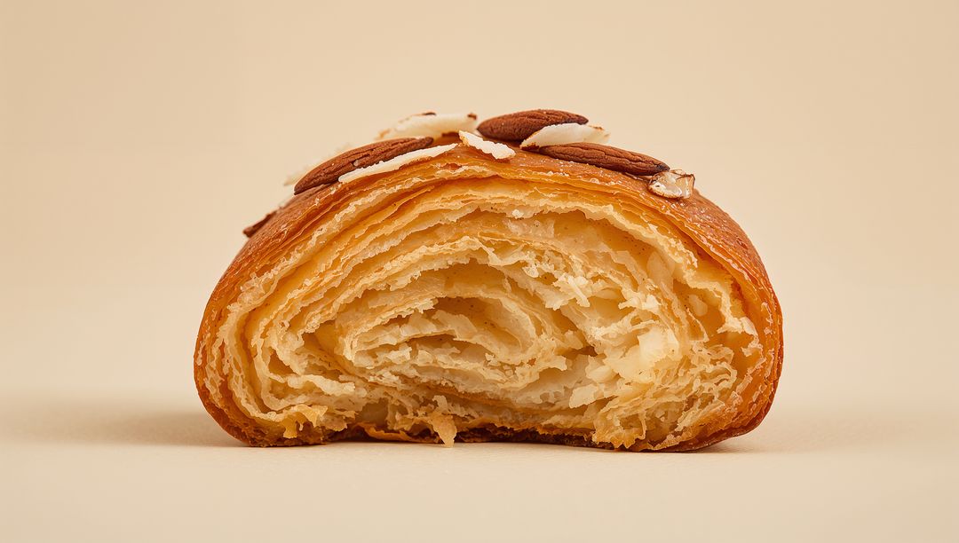 Buttery almond croissant half showing airy laminated layers flaky golden crust topped with almonds