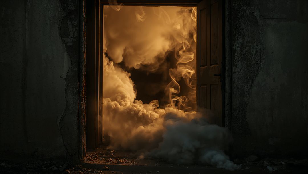Open door emitting mysterious swirling golden smoke