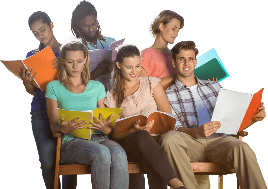 Diverse Group Reading Notebooks Isolated on Transparent Background